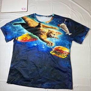 Space Cat Cheeseburger Galaxy All Over Print Graphic Tee Unisex XL Blue